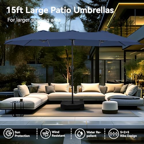 15ft Large Outdoor Patio Umbrella with Base Included (Navy Blue)