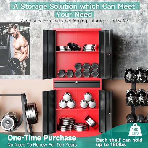 Metal Storage Cabinet with Drawer and Lock (71"H x 31.5"W x 16"D / Red Black)