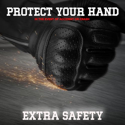 Leather Motorcycle Motorbike Knuckle Protection Powersports Gloves (Black/Zip / Large)