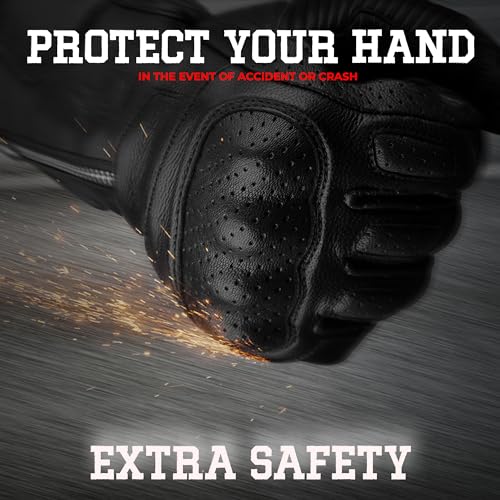 Leather Motorcycle Motorbike Knuckle Protection Powersports Gloves (Black/Zip / X-Large)