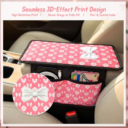 Pink Bow Car Center Console Armrest Cover with 2 Side Pockets (Bows-Whitek&Pink)