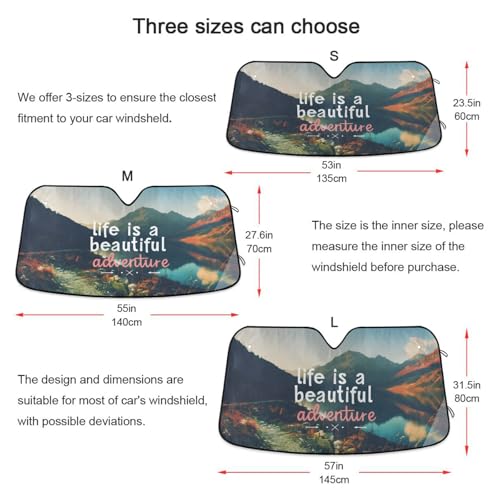 Car Windshield Sun Shade Quote Life is A Beautiful Adventure Foldable Car Front Windshield Sunshade Blocks UV Rays Sun Visor Sun Heat Protection for Car Truck SUV to Keep Your Vehicle Cool (Small / Retro Mountain Sea)