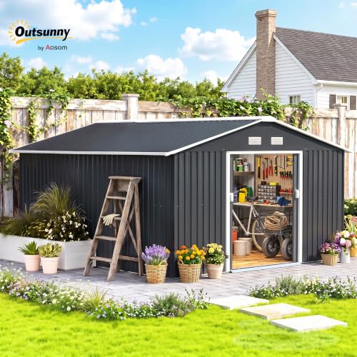 11' x 13' Outdoor Storage Shed Garden Tool Metal Shed Dark Gray (Dark Gray / 11' x 13')