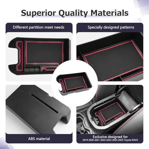 for 2025 Toyota RAV 4 Accessories Compatible with 2019 2020 2021 2022 2023 2024 2025 Toyota RAV 4 Center Console Organizer Armrest Console Secondary Storage Box Insert Tray ABS Material Red