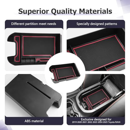 for 2025 Toyota RAV 4 Accessories Compatible with 2019 2020 2021 2022 2023 2024 2025 Toyota RAV 4 Center Console Organizer Armrest Console Secondary Storage Box Insert Tray ABS Material Red