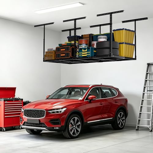3 x 8FT Overhead Garage Storage Rack (Black / 3x8 FT Without Sidebar)