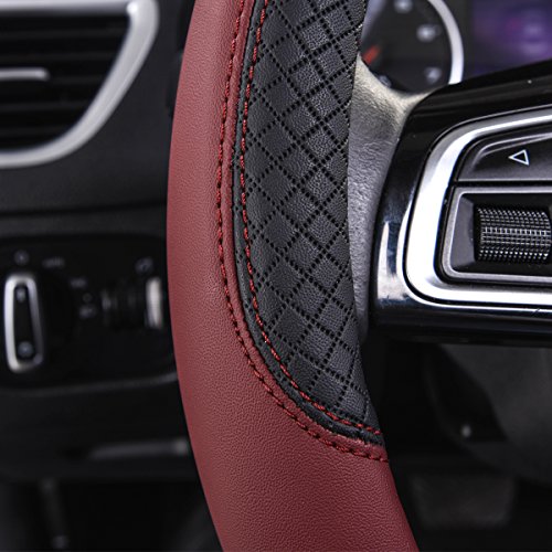 Rhombus Leather Universal Steering Wheel Cover (Black and Burgundy / Standard[14.5"-15"])