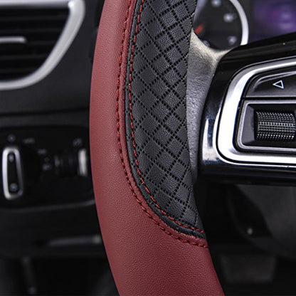 Rhombus Leather Universal Steering Wheel Cover (Black and Burgundy / Standard[14.5"-15"])