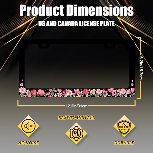 Pink Floral License Plate Frame Colorful Flower License Holder with 2 Holes (Pink Floral Flowers)