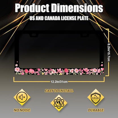 Pink Floral License Plate Frame Colorful Flower License Holder with 2 Holes (Pink Floral Flowers)