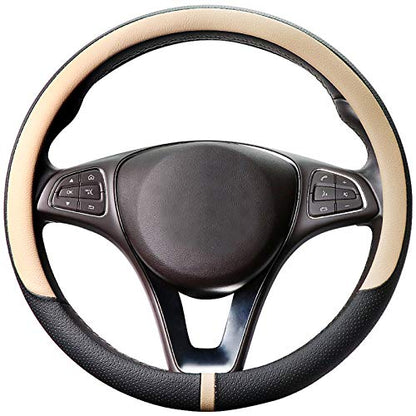 Breathable Car Steering Wheel Cover 15 inch Auto Universal Leather Wrap Non (A-Beige / M (14.5"-15"))