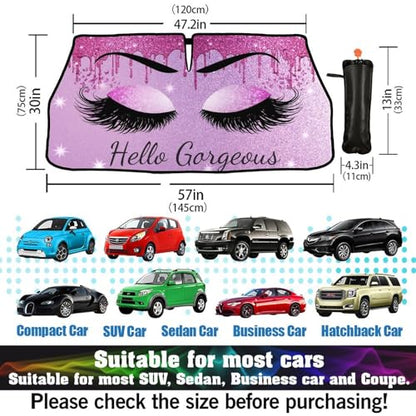 Car Windshield Sunshade Umbrella Eyes Eyelashes Funny Sun Shade Cover Upgraded Sunshade Windshield Umbrella with 360° Bendable Handle for Protect Car Interior 57"x30" (Eyelashes)