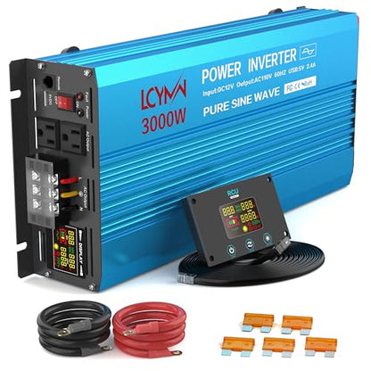 3000 Watt Inverter Pure Sine Wave DC 12V to 110V AC Power Inverters with 3 AC Charger Outlets (3000W - 12V / Blue)
