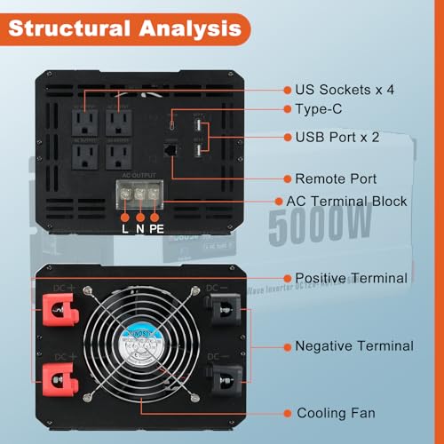5000W Power Inverter Pure Sine Wave 12V DC to 120V AC (5000W-Wireless / 12V)