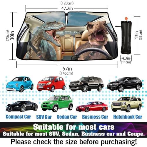 Funny Dinosaur Car Windshield Sun Shade Umbrella Automotive Windshield Sunshade Foldable Front Car Accessories Interior Decor to Keep Vehicle Cool for Most Vehicles 57'' X 30'' (57'' X 30'' / style-AB32)