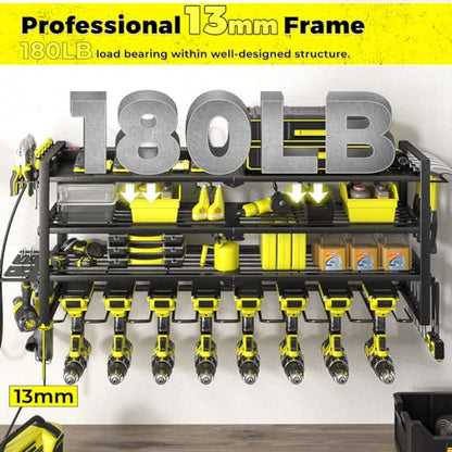 Power Tool Organizer with Charging Station.Garage 8 Drill Holder Built in 8 Outlets Power Strip (8 DRILL BLACK-4L / Black with Power)