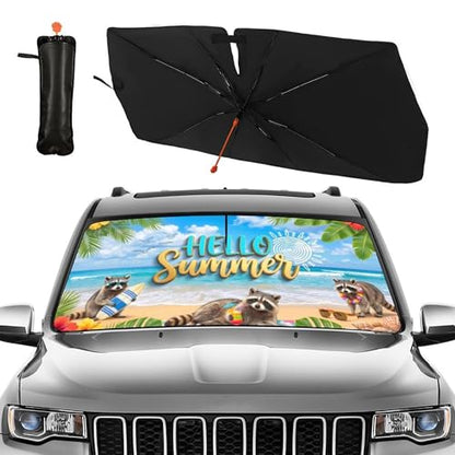 Funny Raccoon Car Windshield Sun Shade Umbrella Hawaiian Raccoon Car Sun Shade Umbrella Block UV Rays Heat Foldable Windshield Umbrella Sun Visor Protector (Racc-1)