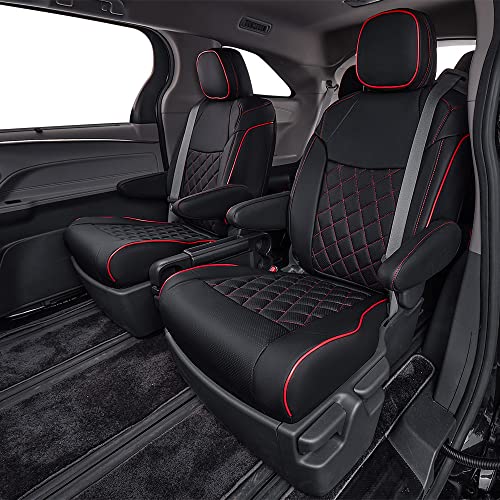 Sienna Seat Covers for 2021 (Leather(Black with Red Piping) / 2021-2026 8 Seats, 2nd Row 4/2/4 Split)