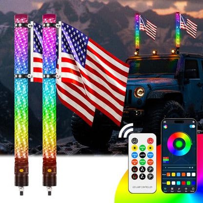 2PCS 2FT Fat Whip Lights 360°Spiral Chase Offroad Warning Lighted Antenna LED Whips Side by Side with Turn Signal Brake Reserving Lights for UTV ATV RZR Can (Fat 2PCS 2FT)