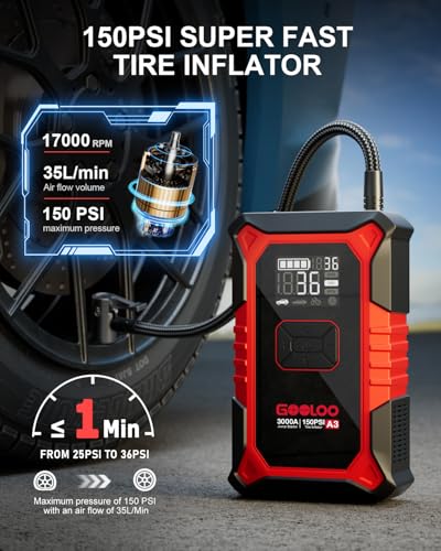 A3 12V 3000A Portable Jump Starter with Air Compressor (Red)