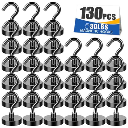 Black Magnetic Hooks Heavy Duty 30Lbs+ Strong Neodymium Magnets (Black / 130Pack-30LB)