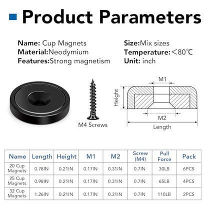 Magnets Heavy Duty Neodymium Strong Magnet Imanes Fuertes 12 Pack (Black / 110lb-Mix-12p)
