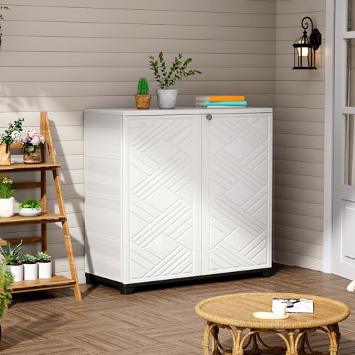 Indoor Outdoor Storage Cabinet Waterproof (Cabinet With 2 Shelf, White)