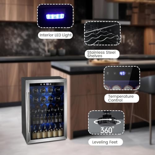 Wine Cooler 37 Bottle Freestanding Fridge with Stainless Steel Reversible Glass Door (Silver)