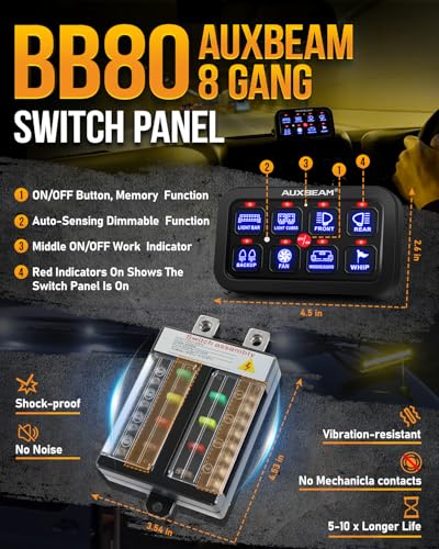 8 Gang Switch Panel BB80 Universal Circuit Control Relay System Automatic Dimmable LED Switch Control Panel Switch Pod Touch Switch Box for Car Truck Offroad ATV SUV (8 Gang (Both-Sided Output) / Blue (Without APP))
