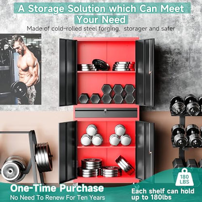 Metal Storage Cabinet with Wheels and Drawer (73"H x 31.5"W x 16"D / Red Black)