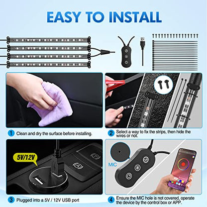 4PCS USB Car Interior Neon Accent Lights RGB App and Button Control (USB Interior Lights - APP+Button)