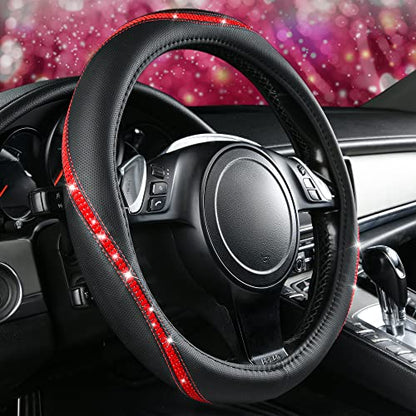 Bling Diamond Black Leather Steering Wheel Cover (Red Diamond 1PCS)