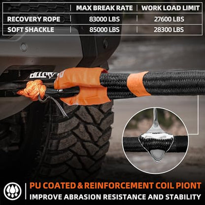 Kinetic Recovery Rope Kit w (1.5"x30'(Black) + 2pcs Soft Shackle)