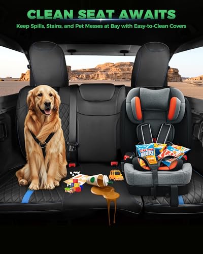 for Jeep Wrangler Leather Custom Car Seat Covers Full Set 4 Door (Black with Blue Trim / JL 18-26 4Door Without Rear Cup Holder)