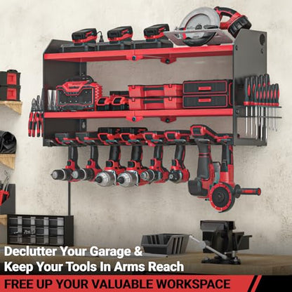 Power Tool Organizer with Charging Station Wall Mount (with Power Strip / Red)