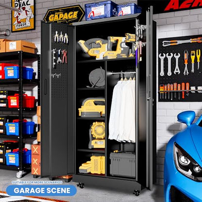 Metal Storage Cabinet for Garage (Black / L - 2 Doors & Hanging Rod (Wheeled))