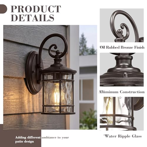 Outdoor Wall Mount Light Fixtures 2 Pack (Oil Rubbed Bronze - Water Ripple Glass / 12.4 Inch)