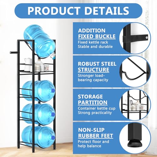 2-In-1 5 Gallon Water Jug Holder, 5 Tier Water Jug Stand Holder with 1 Dispenser Valves, 5 Gal Water Bottle Storage Rack Organizer for Kitchen, Office, Garage (11.02 inches x 11.02 inches x 55.51 inches)