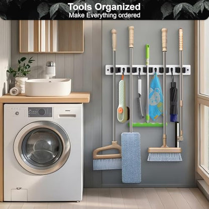 Broom Holder Wall Mount With 5 Slots & 4 Hooks (White)