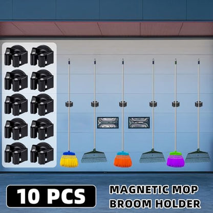 10 Pcs Magnetic Broom Holder Wall Mounted Anti Slip Rack (Black)
