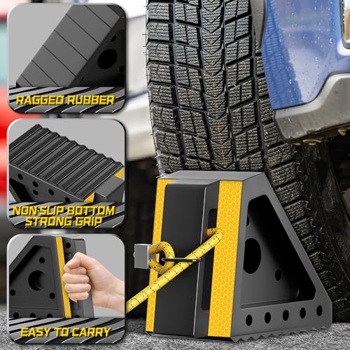 4 Pack Heavy Duty Wheel Chocks with 39" Rope & Dual Reflective Strips (4 Pack)