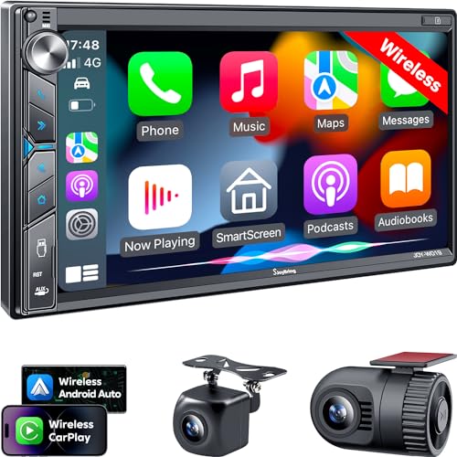 Upgrade Wireless Double Din Car Stereo with Apple Carplay (Black Wireless Car Stereo with Dash Cam)