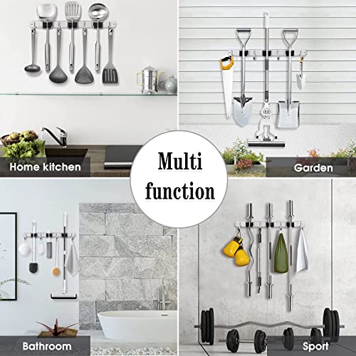 Broom Holder Wall Mount (3 Racks & 4 Hooks (Silver) - 1 Pack)