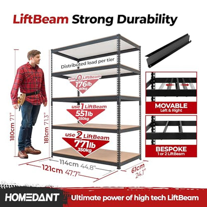 47.7" W Deep 5 Tier Heavy Duty Garage Shelving Adjustable Metal Rack Storage Shelves Standing Shelf Unit Organizers Industrial Warehouse Basement Black 2Pack (Black / 47.7"W x 24.1"D)