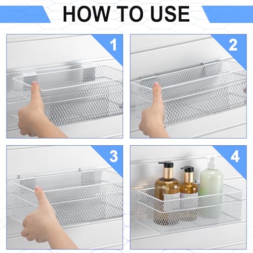 4 Pcs Slatwall Basket Set Ventilated Metal Slatwall Basket Hanging Wire Bins Wall Mounted Accessories for Panel Garage Storage Display Organizing (Assorted Sizes / White)