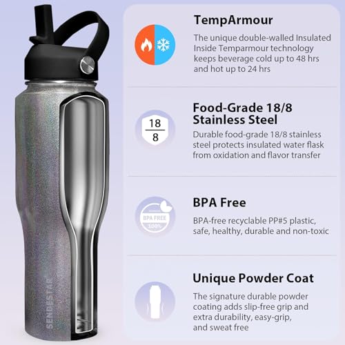 Water Bottle Wide Mouth Stainless Steel Vacuum Insulated Double Wall Keep Liquids Cold or Hot All Day (Laser Grey / 40 Ounces)