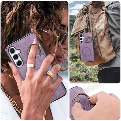 Compatible with Samsung Galaxy S23 FE 5G Wallet Case and Screen Protector Crossbody Shoulder Strap Ring Buckle Stand Card Holder Magnetic Car Mount Phone Cover for S 23 EF S23FE 23S Women Men Purple (Purple / for S23 FE)