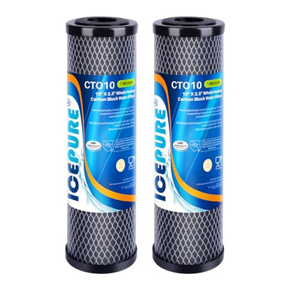 1 Micron 2.5" x 10" Whole House CTO Carbon Sediment Water Filter Cartridge Compatible with DuPont WFPFC8002 (2 Count (Pack of 1) / Activated Carbon)