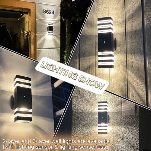 4 Pack Dusk to Dawn Outdoor Light Fixture Modern Black Exterior Wall Lights (Black / 3 Layer - 15 Inch)
