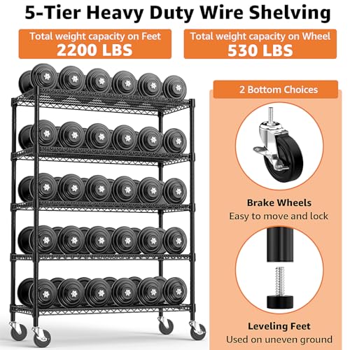 53" W Garage Shelving 5 Tier Industrial 2200LBS Metal Shelving Units for Commercial (5 Tier 23.6" D x 53.2" W x 73.6" H / Black)